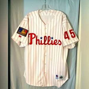 Vintage Phillies White Pinstripe Baseball Jersey with Red Script Boskie 45